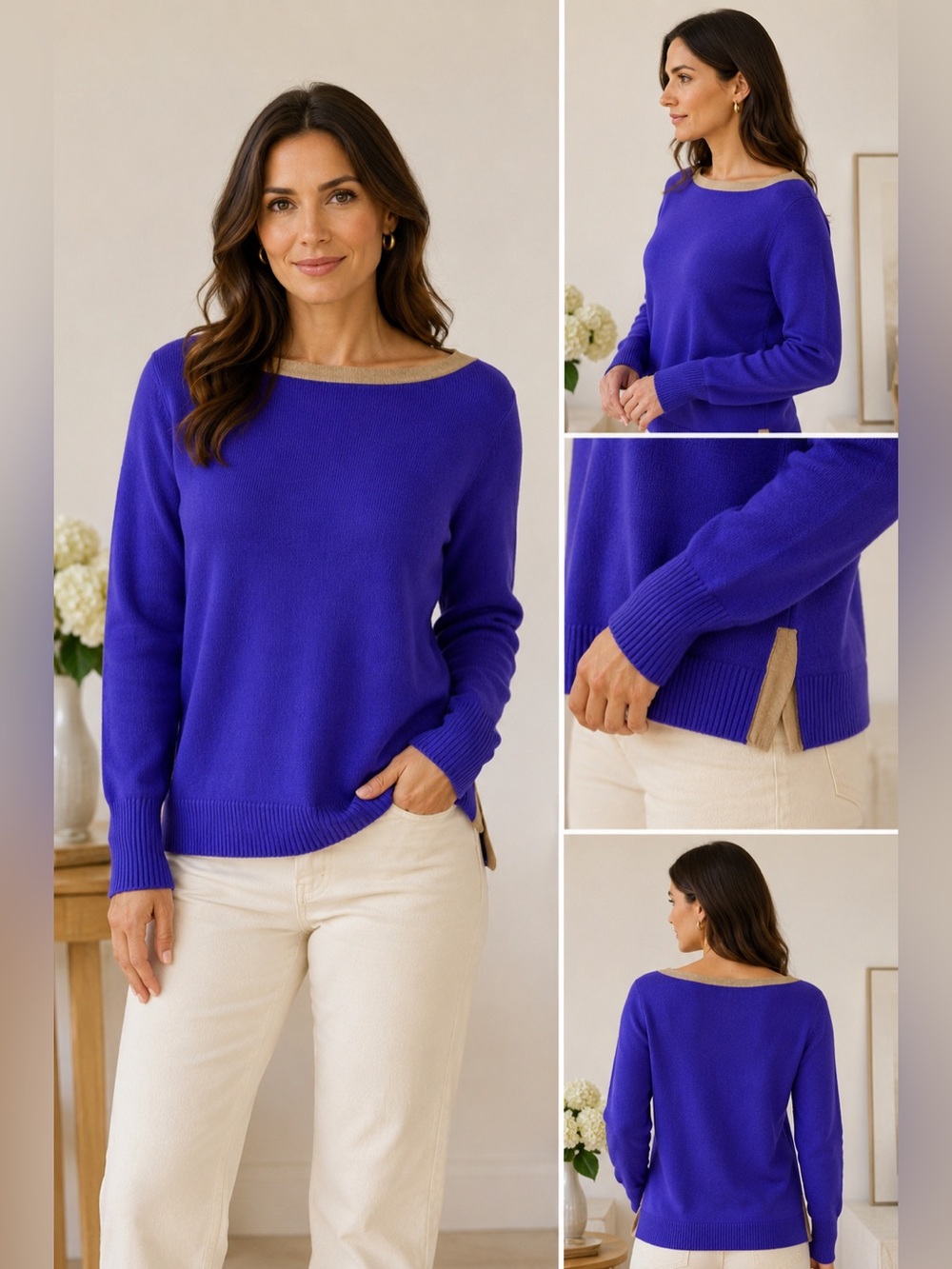 Ralph Lauren Purple Wool Blend Sweater Womens L Tan Suede Trim  Classic & Refine